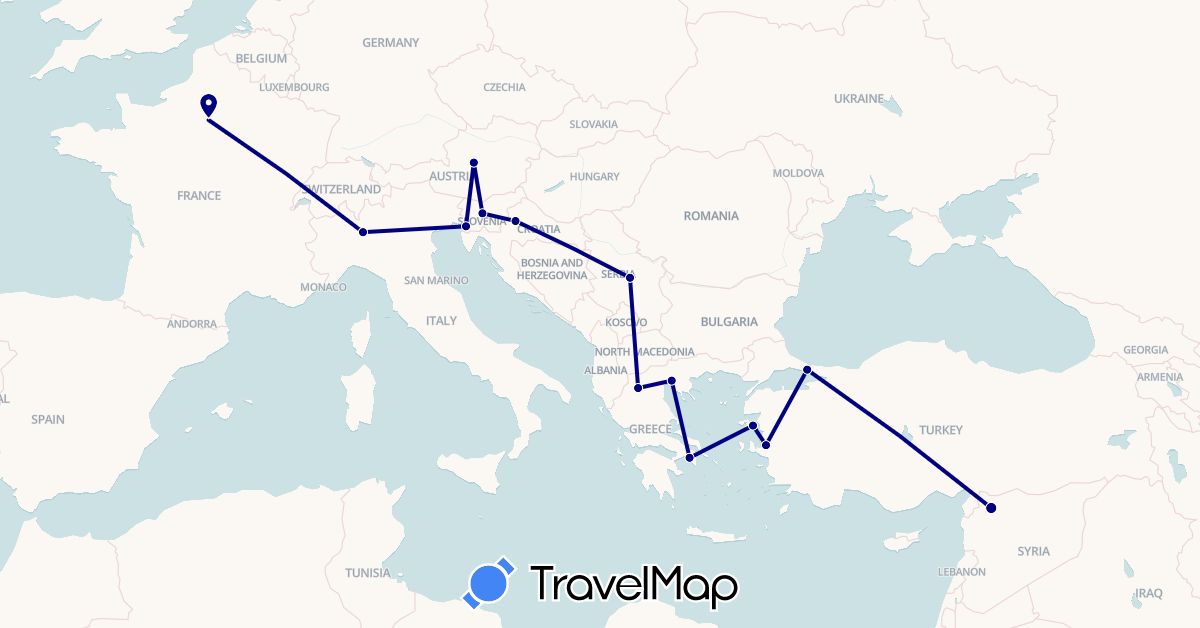 TravelMap itinerary: driving in Austria, France, Greece, Croatia, Italy, Serbia, Slovenia, Syria, Turkey (Asia, Europe)